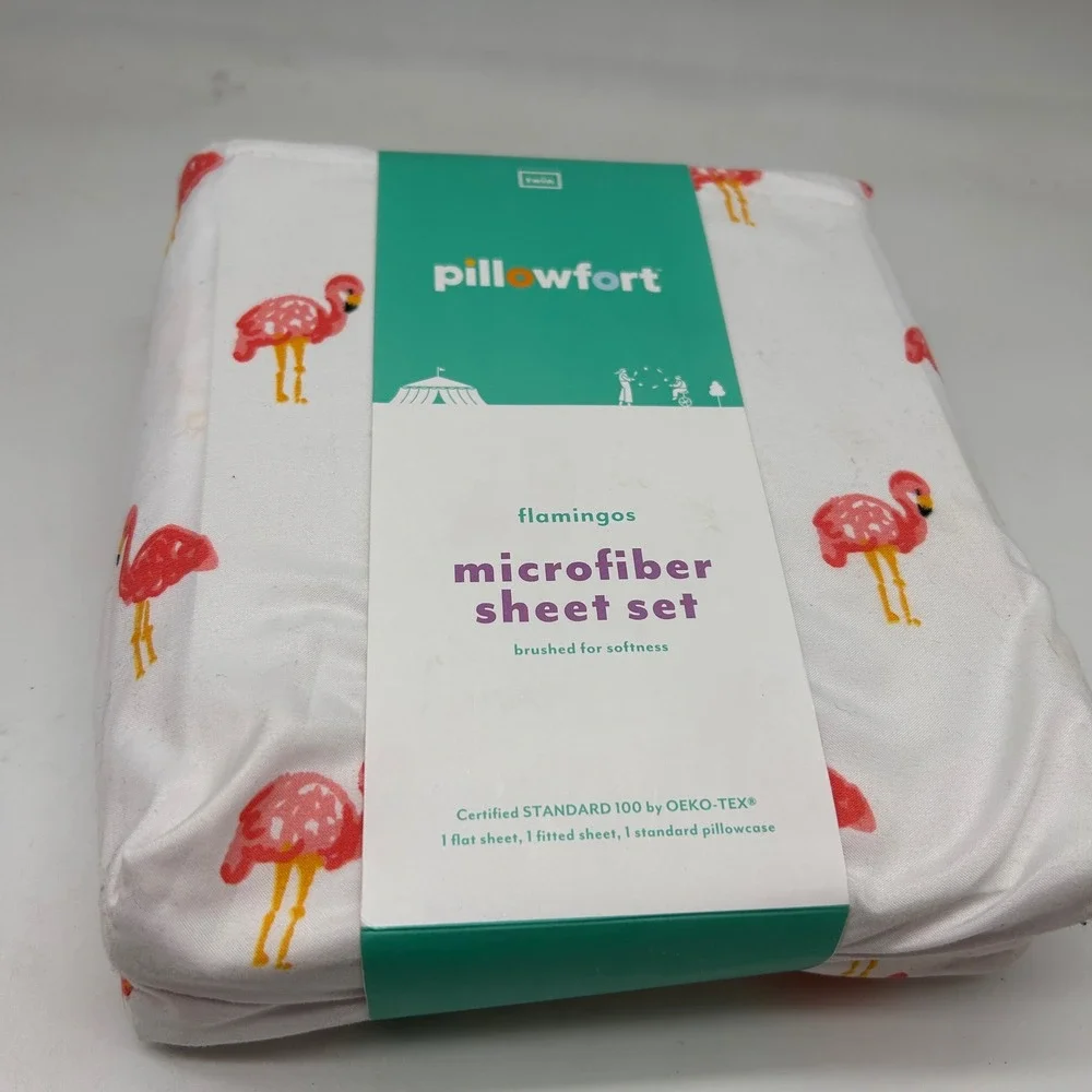 Pillowfort Twin Microfiber Sheet Set Pink Flamingos White 3 Piece Bedding NEW